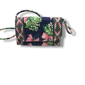 Vera Bradley Quilted Floral Crossbody Bag Navy Pink Green – Excellent Condition